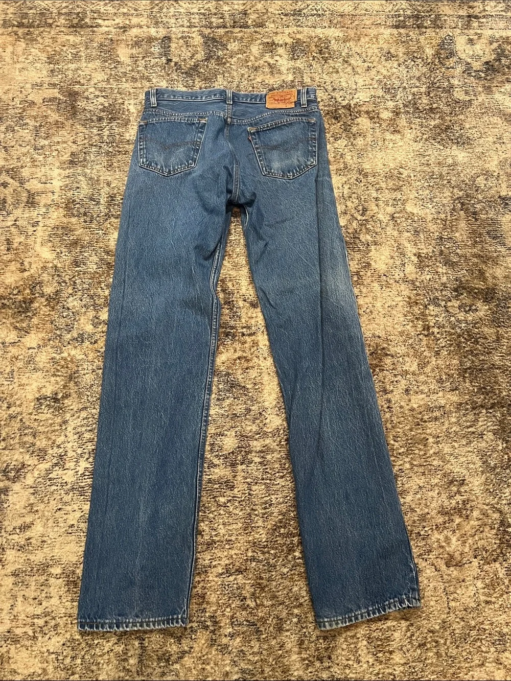 Vintage 501 Levi's Men's Mid Blue Relaxed Jeans with Brown Leather Patch 35x36